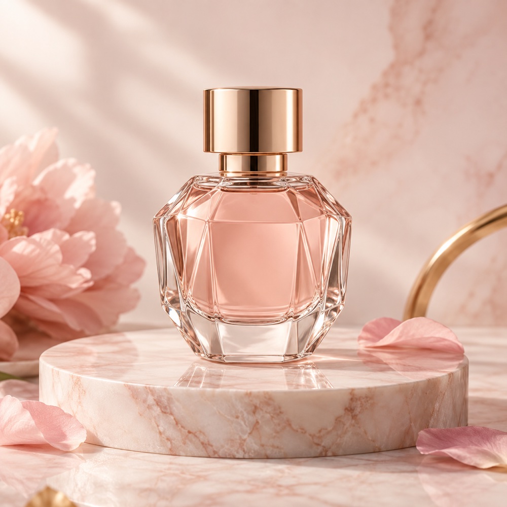 Frasco de perfume sobre base de mármore rosé